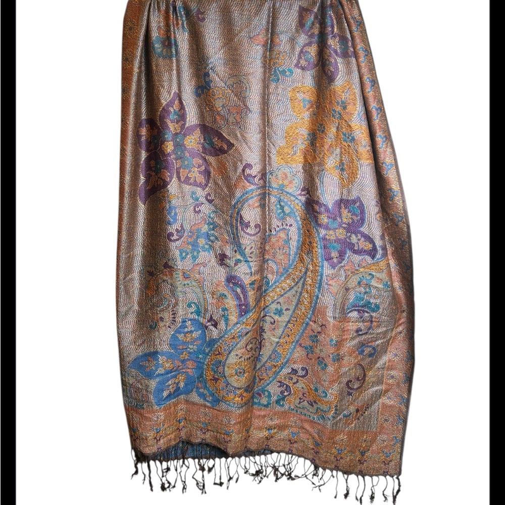 Blue Orange Purple 100% Cashmere Paisley Scarf W Tassel Detail - Picture 2 of 4
